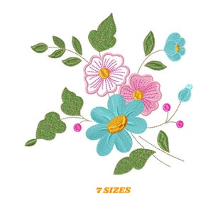Floral embroidery design pattern with pink and blue flowers and green leaves