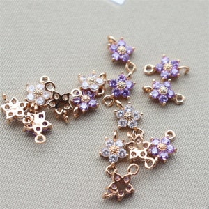 10 mini CZ pave flower charm connectors, rose-gold tone with purple and clear stones