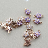 10 mini CZ pave flower charm connectors, rose-gold tone with purple and clear stones
