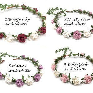 Burgundy and white faux flower crown with small roses and green leaf garland