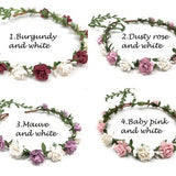 Burgundy and white faux flower crown with small roses and green leaf garland