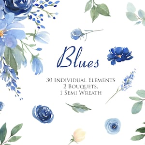 Watercolor blue flower clipart set with leaves, semi wreath, and individual elements