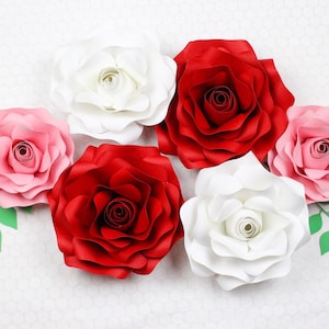 Paper rose flowers in white, red, and pink, mixed sizes
