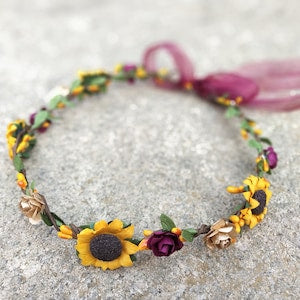 Sunflower flower crown headband with yellow blooms and burgundy accents, ribbon ties