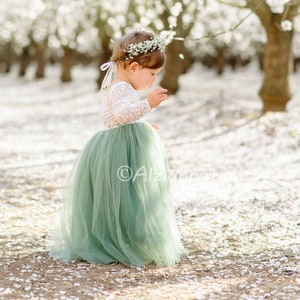 Sage green lace flower girl dress with tulle skirt, long sleeves
