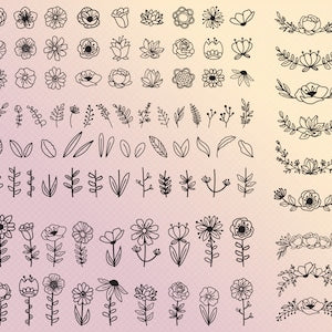 Botanical leaf and flower stem line-art set, purple outlines on white background