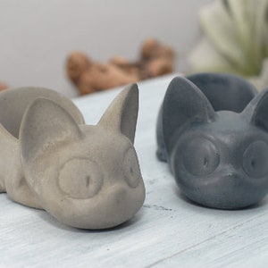 Concrete cat planter pots, gray cat face with open bowl for succulents