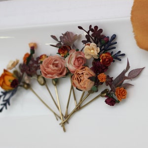 Set of flower bobby pins on hair clips, rust orange and dark burgundy floral accents
