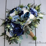 Wedding bouquet, Navy, Dusty Blue  and  Ivory Bridal bouquet, Wedding Flowers, Boho Wedding, silk bridesmaids bouquets corsages boutonnieres