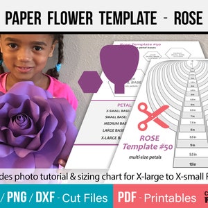 Purple rose paper flower template sheet with petal size chart and cut-file guide