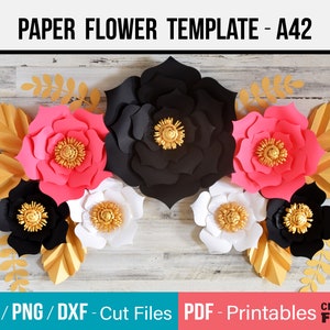 DIY paper flower template with cut-and-print designs shown with multiple paper flowers
