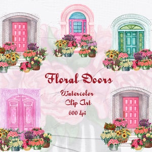 Watercolor front door clipart with pink doors and colorful flower bouquets, set of illustrations