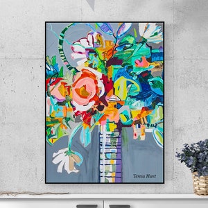 Framed canvas wall art with vivid abstract flower bouquet in bright multicolor strokes