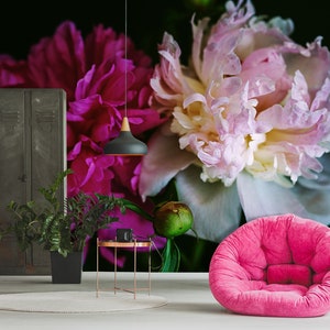 Peony floral peel-and-stick wallpaper mural with pink and pastel blossoms