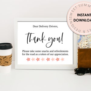 Delivery drivers thank-you sign printable with pink flowers and 'Thank you!' text