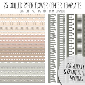 Quilled paper flower center template sheet with multiple cutting pattern rows for SVG/DXF/PNG