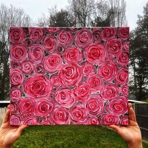 Rose painting with dense red and pink blooming roses, square wall art print