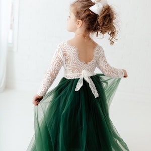 Green tulle flower girl dress with lace long sleeves and back bow