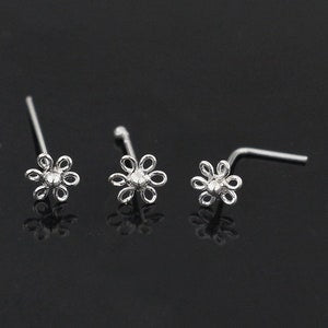 Sterling silver flower filigree L-shaped nose stud set, three pieces