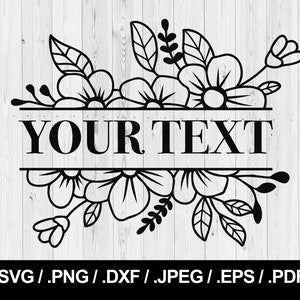 Floral border monogram split design with 'YOUR TEXT' ribbon, black outline