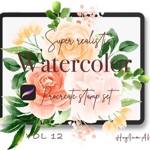 Floral watercolor stamp design set with pink roses, green leaves and soft blooms