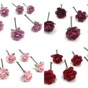 Burgundy and pink flower hair pins, fabric rose clips on small metal pin stems
