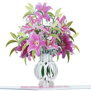 Flower pop-up card showing stargazer lilies in a white vase