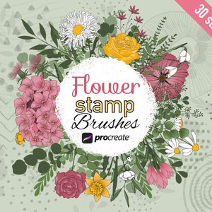 Flower stamp brush set with botanical flowers and butterflies, includes procreate text