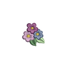 Mini flower embroidery design with purple, pink, and blue blossoms and green leaves