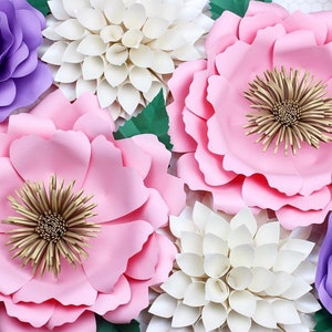 Dahlia paper flower templates with layered pink/white blooms and metallic centers