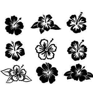 Set of 9 black hibiscus flower silhouette icons with white floral details