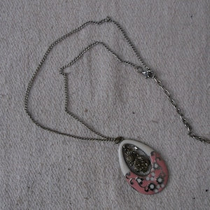Silver chain teardrop pendant necklace with pink and white floral enamel charm