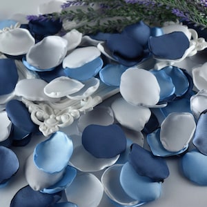 Wedding rose petals in steel blue and white, scattered flower petal pieces