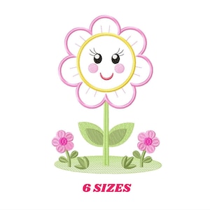 Flower face embroidery design with pink petals, yellow center, and green leaves
