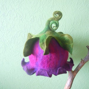 Purple and violet felt pixie hat, bell-shaped crown with flared brim, handmade