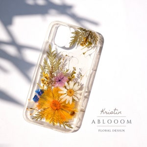 Pressed flower phone case, clear TPU with gold fern and daisy accents