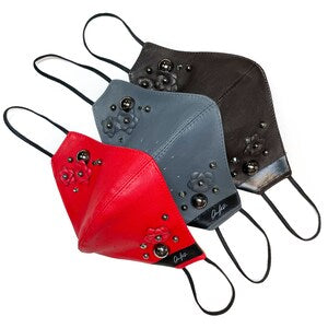 Leather face protection masks in dark, blue, and red with jeweled crystal details