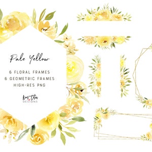 Light yellow watercolor floral frame clipart set with geometric borders and roses