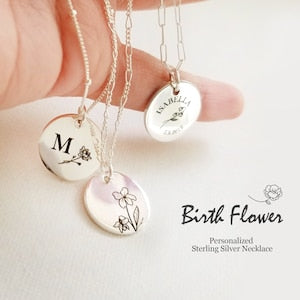 Sterling silver birth flower pendant necklace with round initial name charms