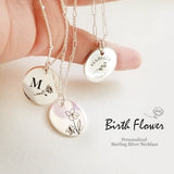 Personalized Birth Flower Necklace Women, Initial Name Necklace, Sterling Silver Birth Flower Pendant Necklace, Birth Month Necklace Gift