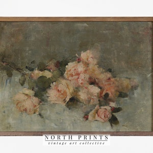 Vintage flower print with pink roses and green leaves in a muted frame