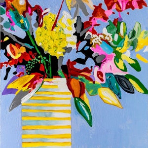 Abstract flower bouquet painting with vivid colors and striped vase on a canvas