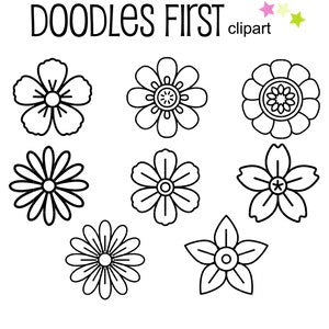 Black outline flower petal clip art, 8 doodle blossoms for scrapbooking