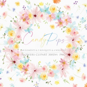 Watercolor spring flower clipart featuring scattered pastel blossoms and buds