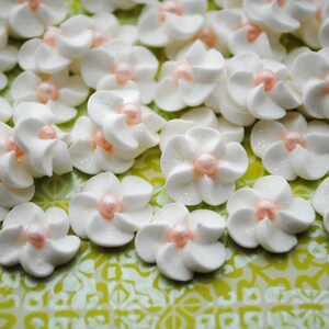White icing drop flowers with pink pearl centers, set of edible decorations