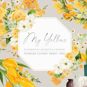Watercolor yellow and cream flower border with bouquet cluster on wedding invitation card