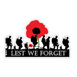 Remembrance Day sticker with red poppy, black silhouettes, and “LEST WE FORGET” text