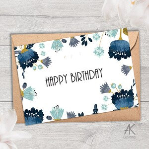 Happy birthday card with blue floral border and message, folded, blank inside