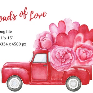 Watercolor red pickup truck clipart with pink peonies and heart accents