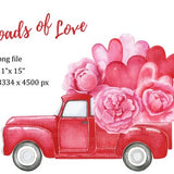 Love Red Car Valentine's Clipart. Watercolor Clip Art. Retro Vintage Red Truck , Peonies, Hearts. Floral, Instant File Download Png 83